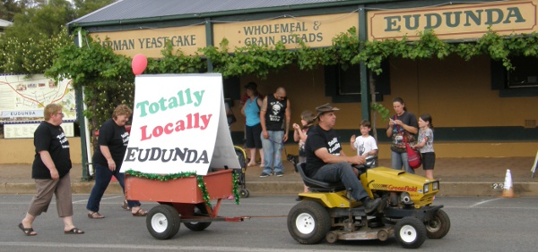 Totally Locally Eudunda committee march in the Eudunda Street Parade for the first time.at the Eudunda Bakery