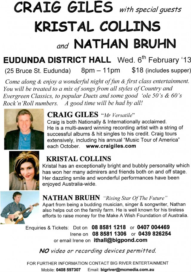 Craig Giles, Kristal Collins and Nathan Bruhn will perform at the Eudunda Hall