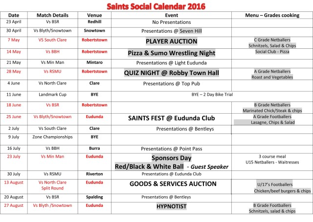 Southern Saints Social Calendar 2016