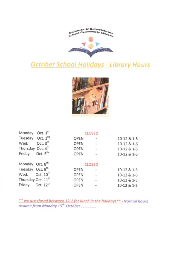 Eudunda Library - October 2018 School Holiday Times