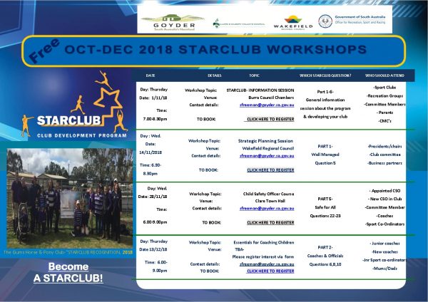 STARCLUB – FREE Club Development Workshops – Oct – Dec