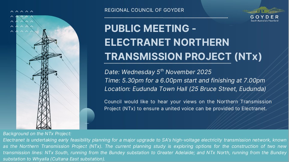 ElectraNet Northern Transmission Project (NTx) public Meeting 5th Nov 2025
