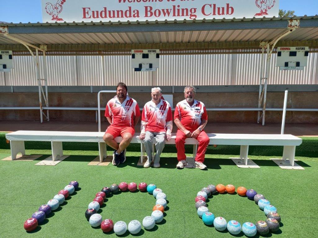 Eudunda Bowling Club -Three generations Kym Schutz, Gordon Schutz (also 100yo) and Mally Schutz