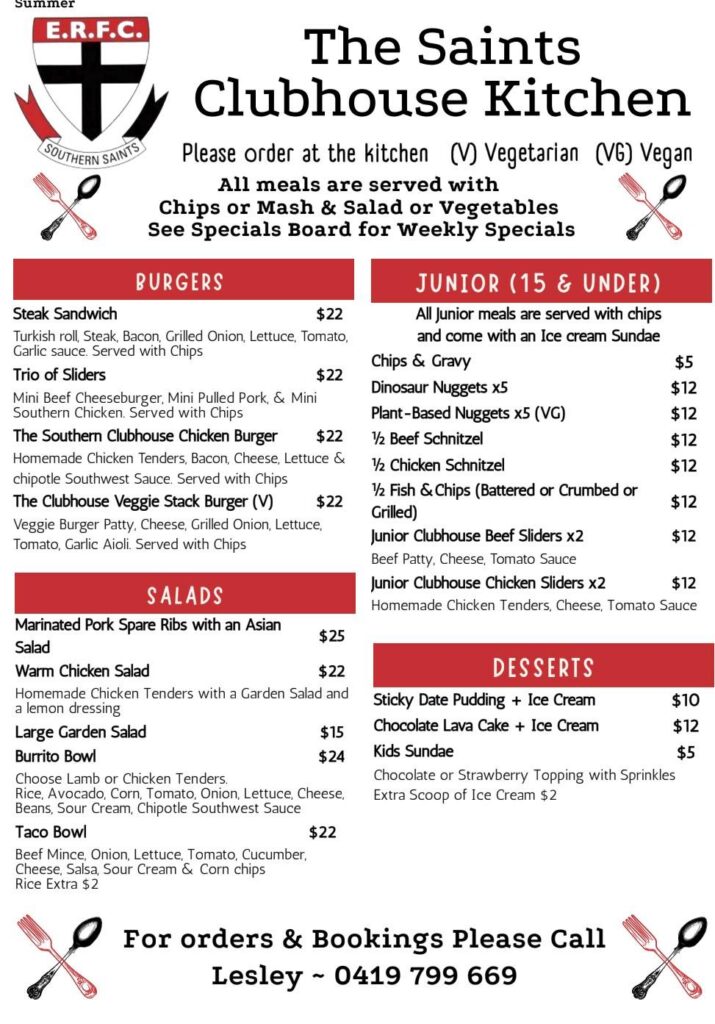 The Saints Clubhouse Kitchen - Summer Menu - back