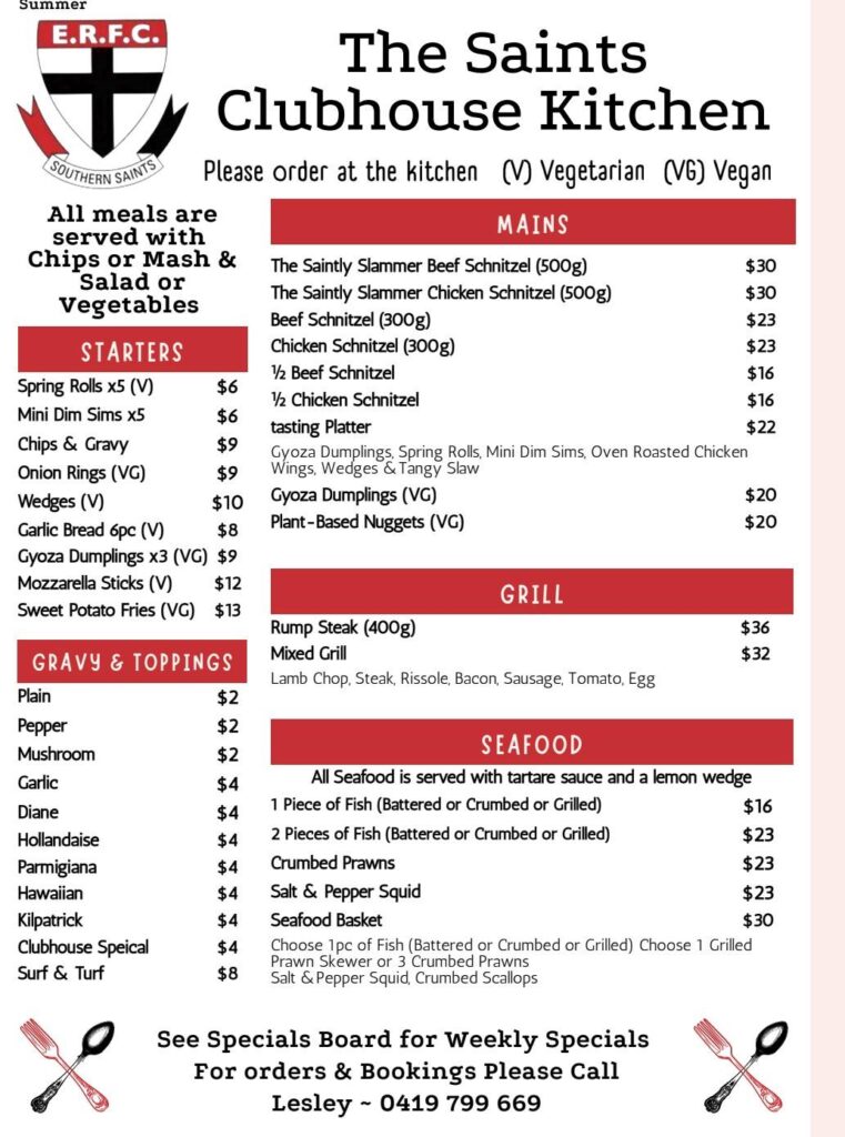 The Saints Clubhouse Kitchen - Summer Menu - front